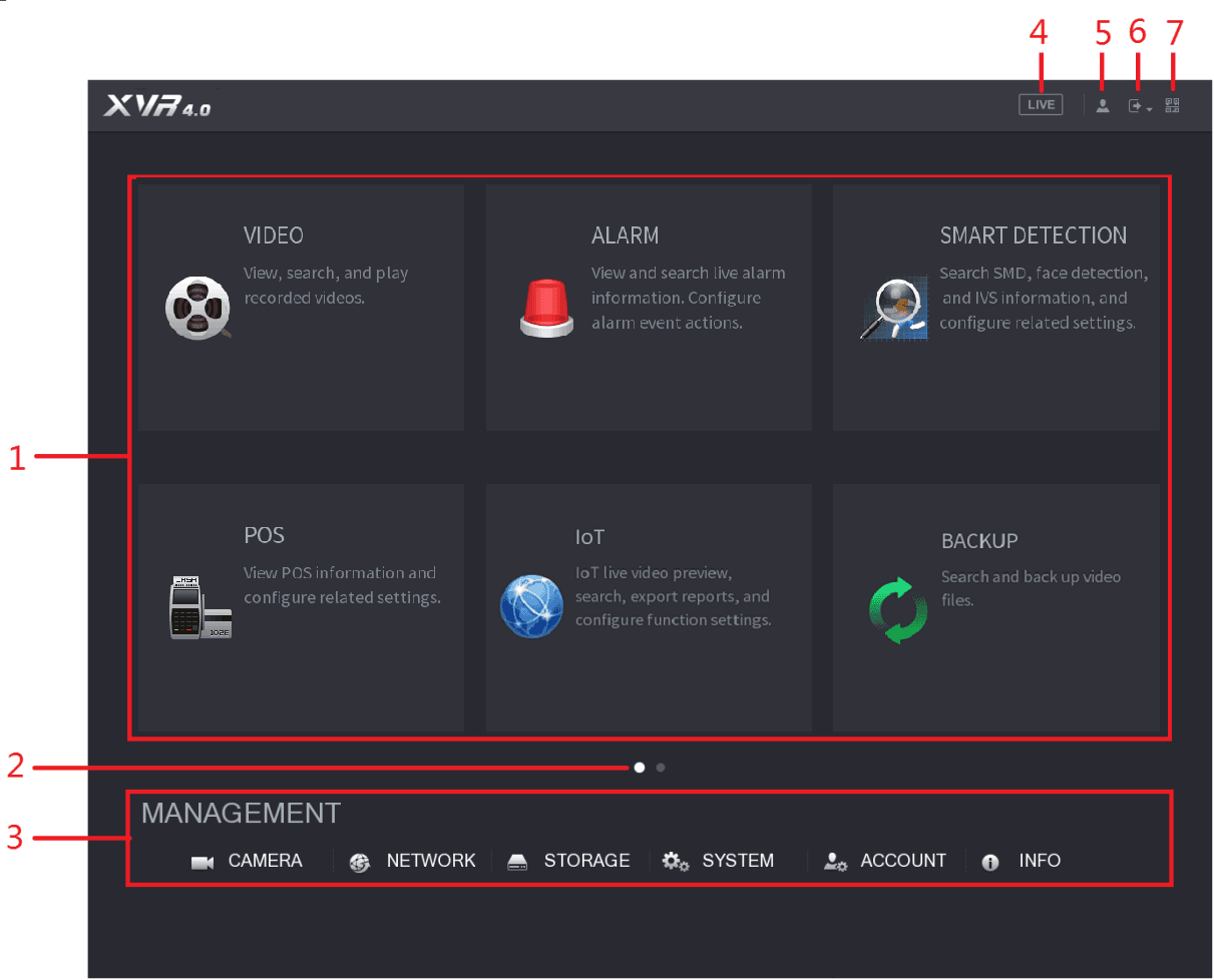 Main Menu with VIDEO, ALARM, SMART DETECTION, POS, IoT, BACKUP tiles and a MANAGEMENT bar
