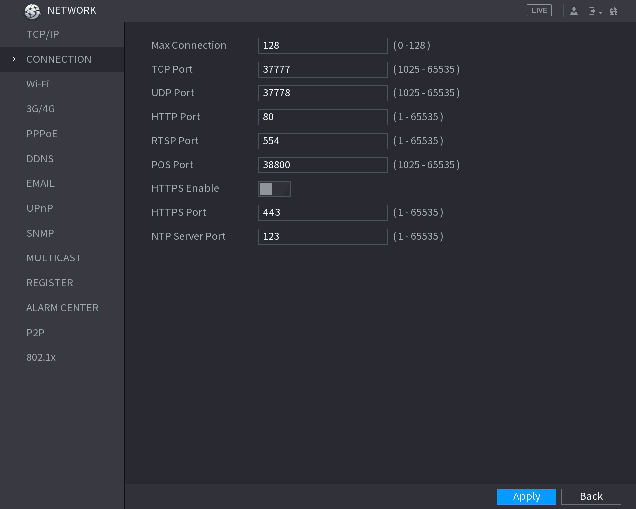 CONNECTION port configuration interface