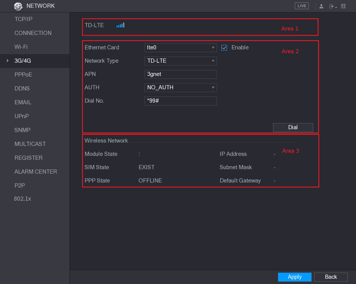 3G/4G configuration interface