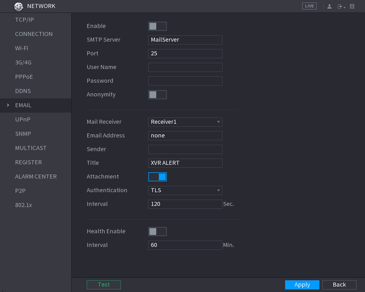 EMAIL configuration interface