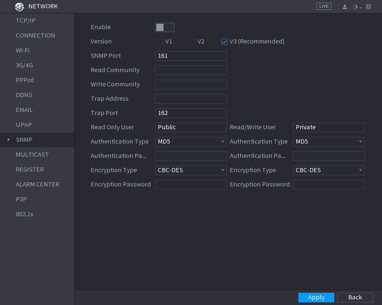 SNMP configuration interface