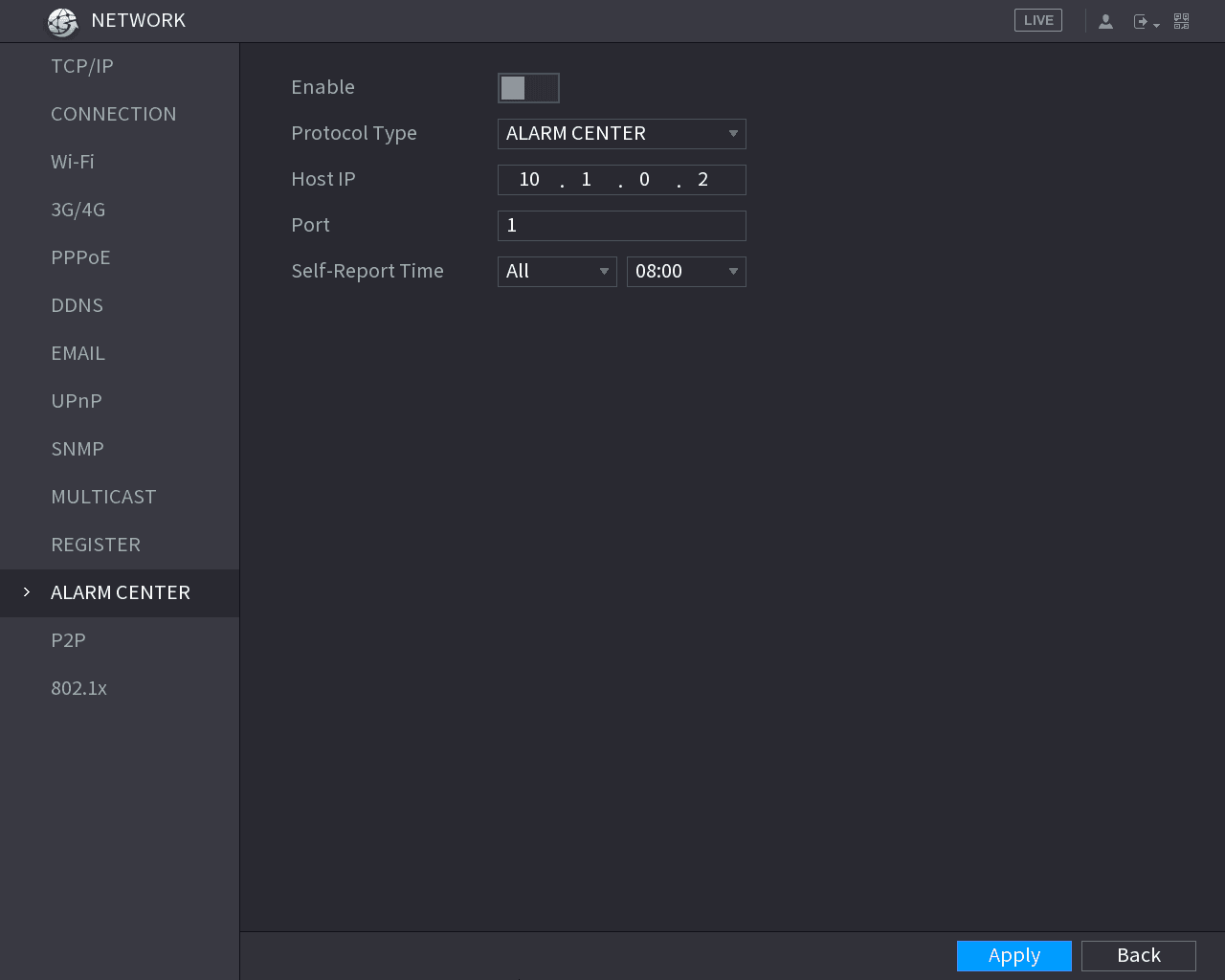 ALARM CENTER configuration interface