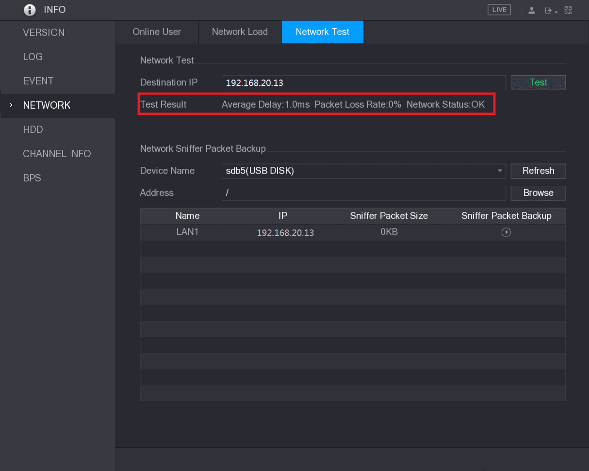 Network test result showing average delay, packet loss, and network status