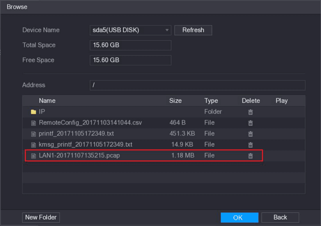 Backup folder showing the saved .pcap packet capture file
