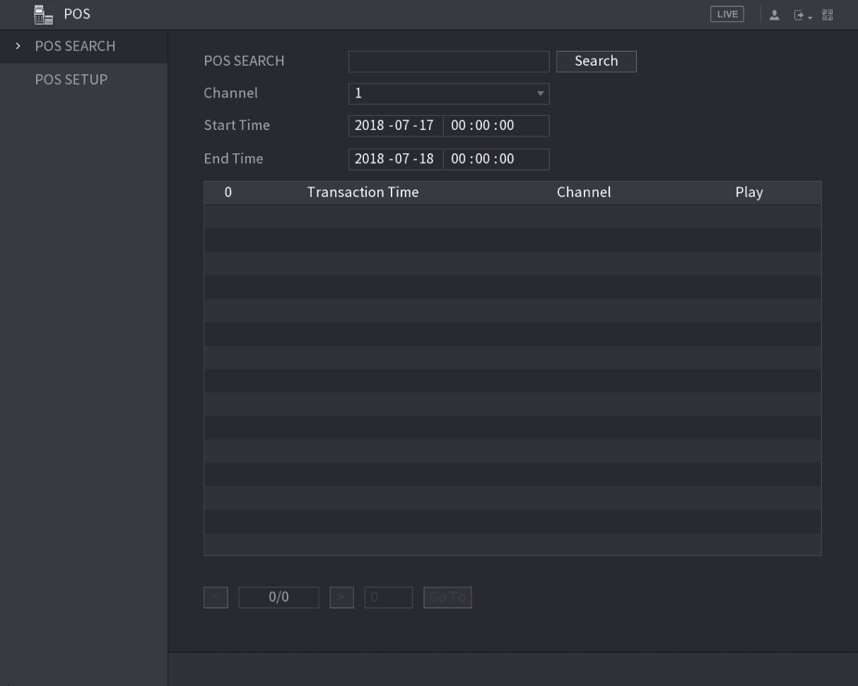 POS SEARCH interface with search box, channel selector, start and end time fields, and an empty transaction results table