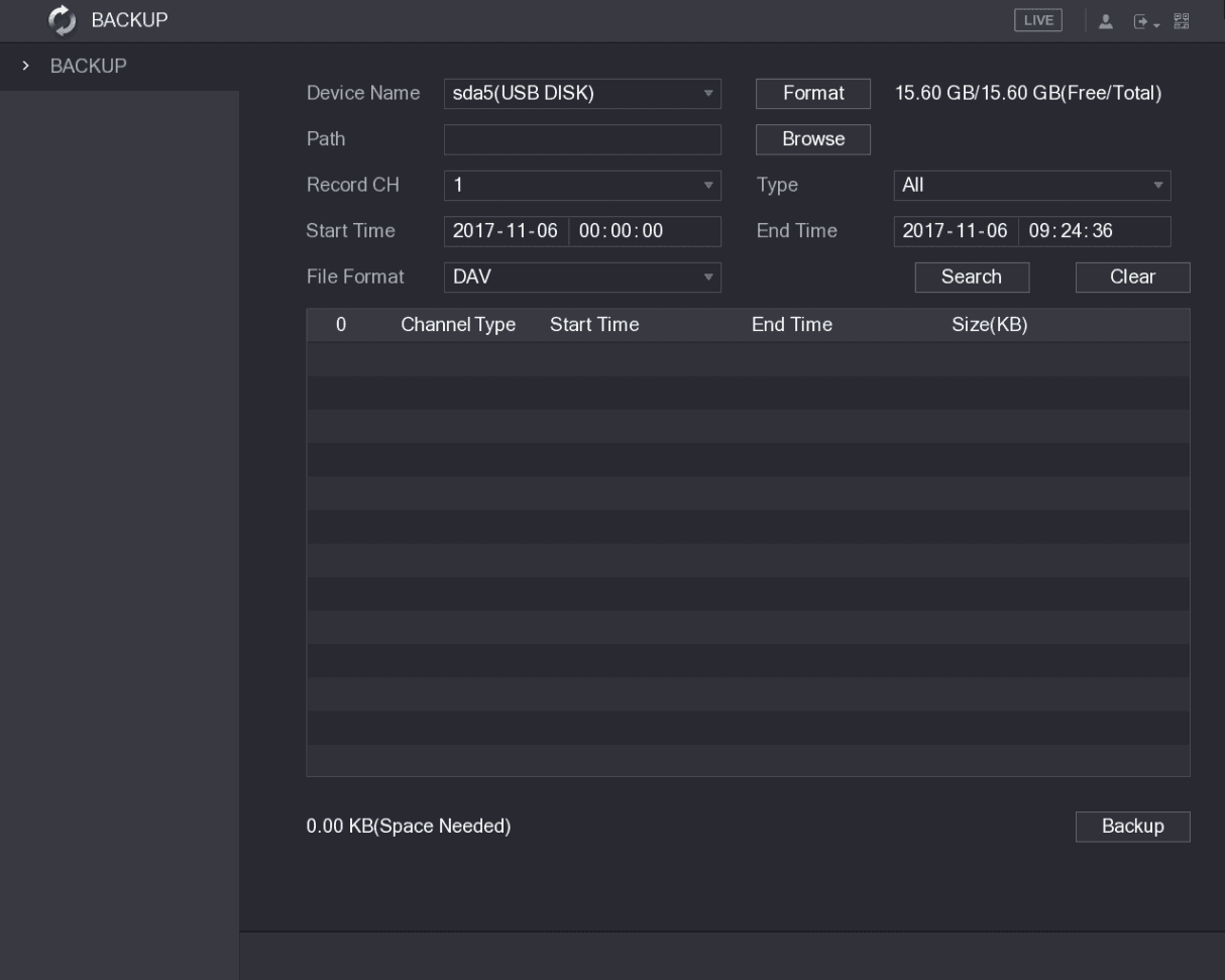 BACKUP interface with Device Name, Path, Record CH, Type, Start Time, End Time, and File Format fields above an empty results table