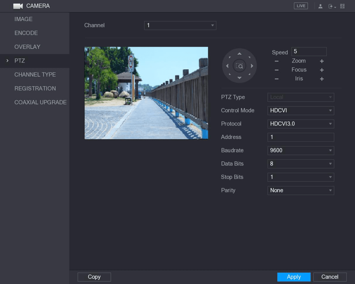 PTZ interface showing the live view preview, PTZ control buttons, and the connection parameters Channel, PTZ Type, Control Mode, Protocol, Address, Baudrate, Data Bits, Stop Bits, and Parity