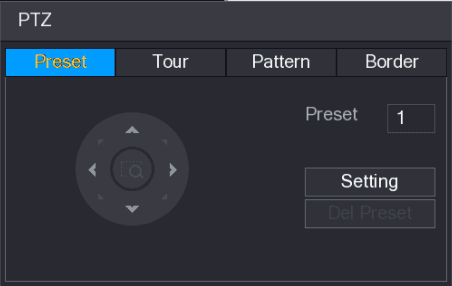 Preset tab of the PTZ interface showing the direction pad, the Preset box, and the Setting and Del Preset buttons