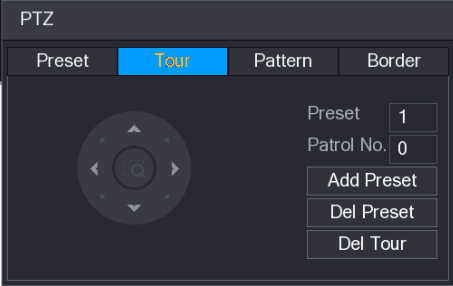 Tour tab of the PTZ interface showing the direction pad, the Preset and Patrol No. boxes, and the Add Preset, Del Preset, and Del Tour buttons