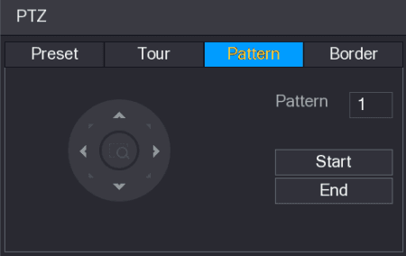 Pattern tab of the PTZ interface showing the direction pad, the Pattern box, and the Start and End buttons