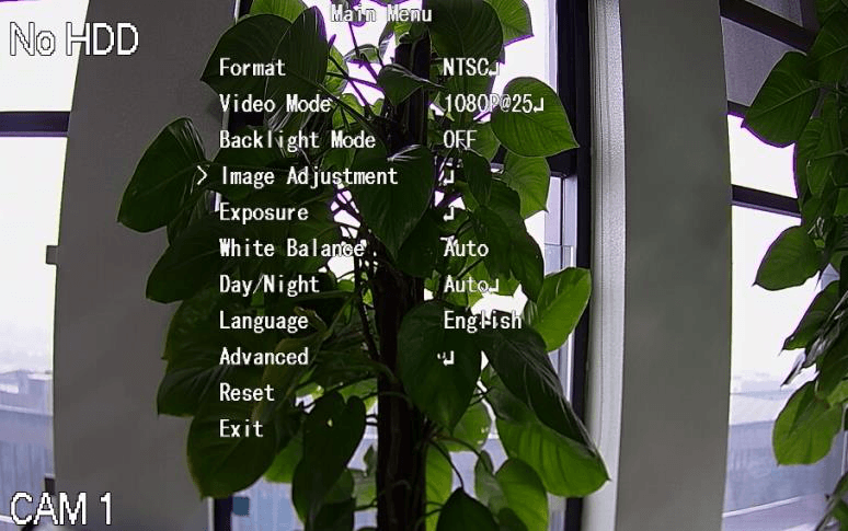 OSD menu of the coaxial camera overlaid on the live image, listing parameters such as Format, Video Mode, Backlight Mode, Image Adjustment, Exposure, White Balance, Day Night, Advanced, Reset, and Exit