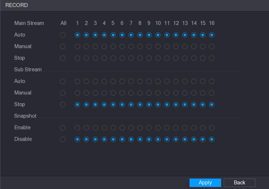 RECORD control interface showing Auto, Manual, and Stop options for main stream and sub stream