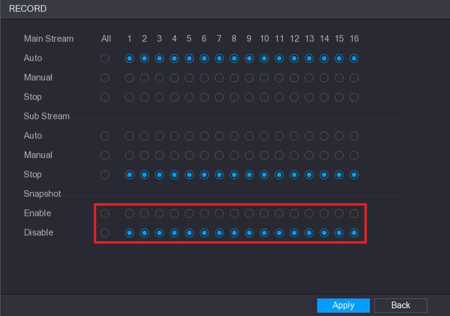 RECORD interface with the Snapshot Enable and Disable rows highlighted
