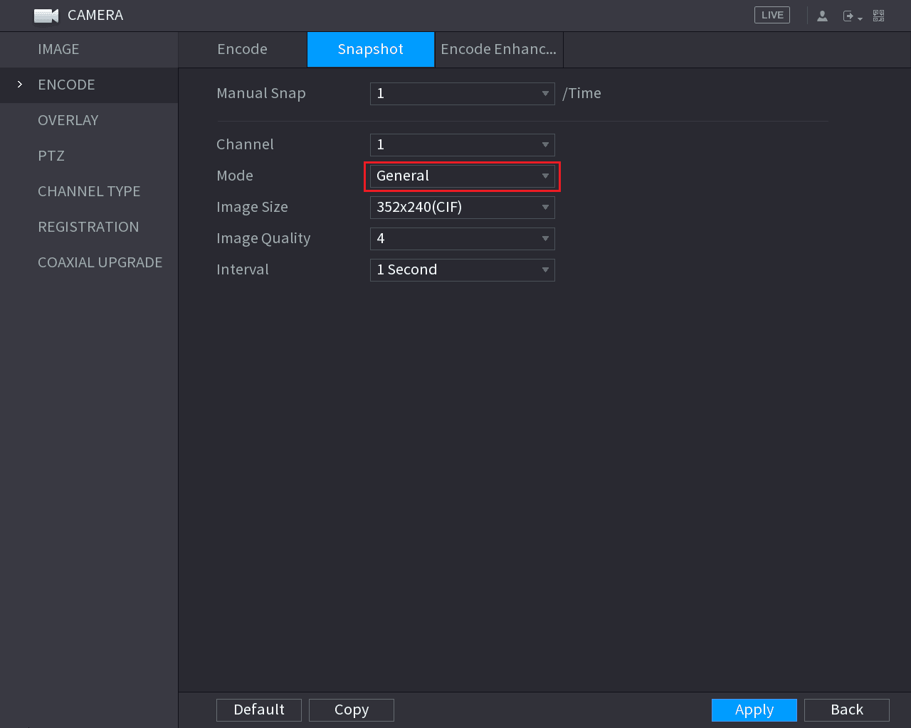 Snapshot interface with Mode set to General and Image Size, Image Quality, and Interval fields