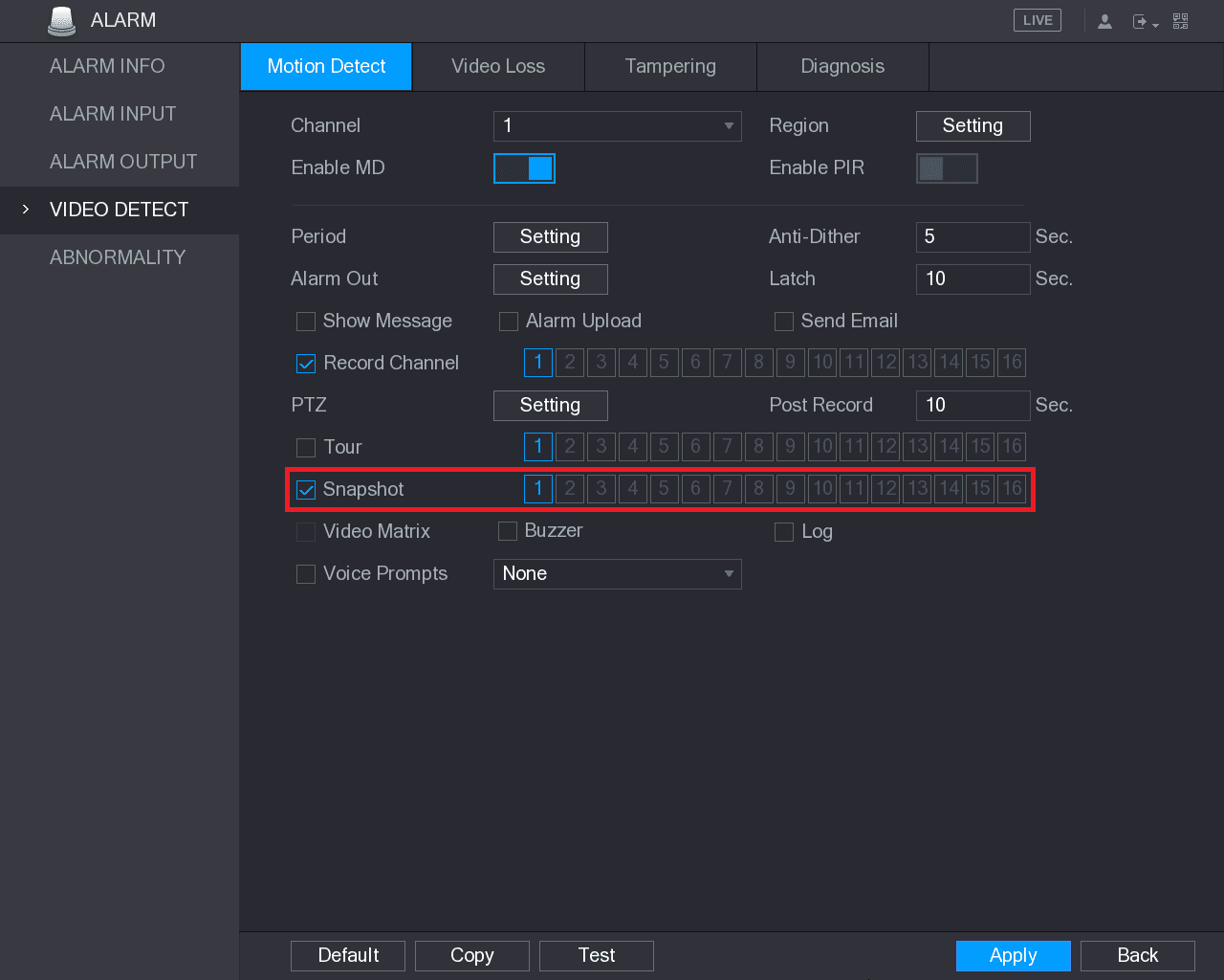 VIDEO DETECT Motion Detect tab with the Snapshot check box and channel selection highlighted