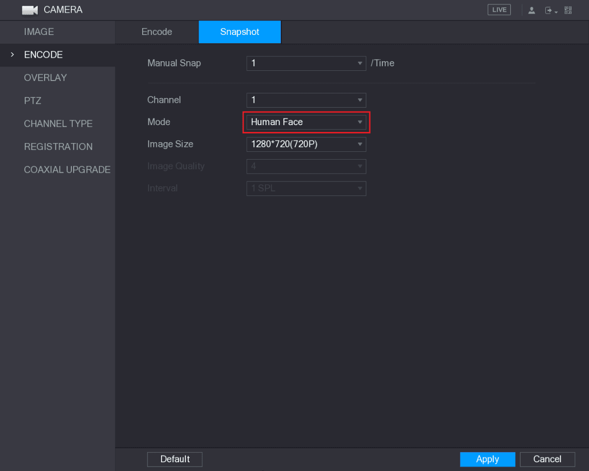 Snapshot interface with Mode set to Human Face and Image Size set to 1280x720 (720P)