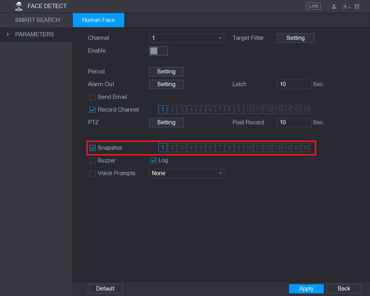 FACE DETECT Human Face interface with the Snapshot check box and channel selection highlighted