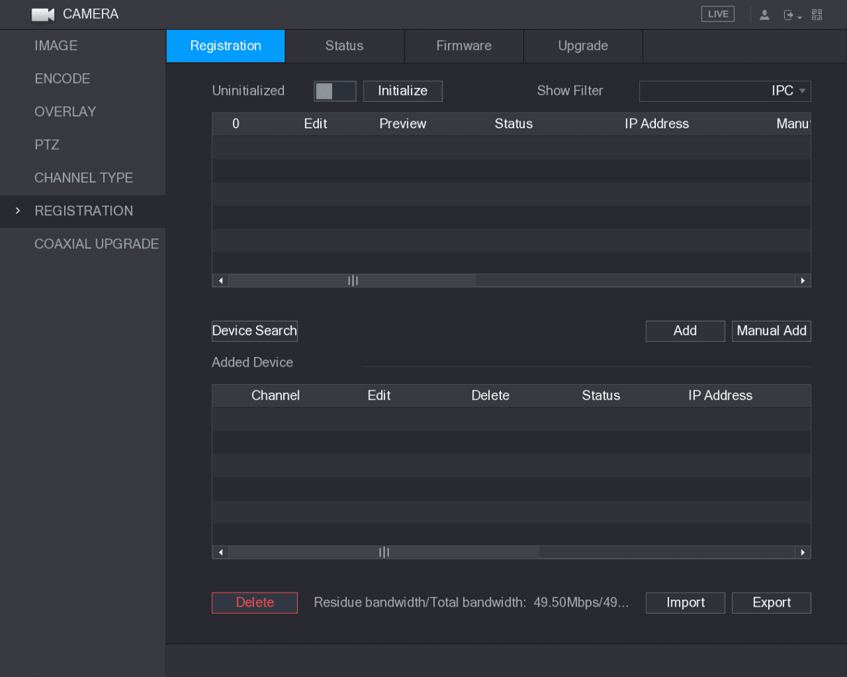 Registration interface showing the searched device list and added device list