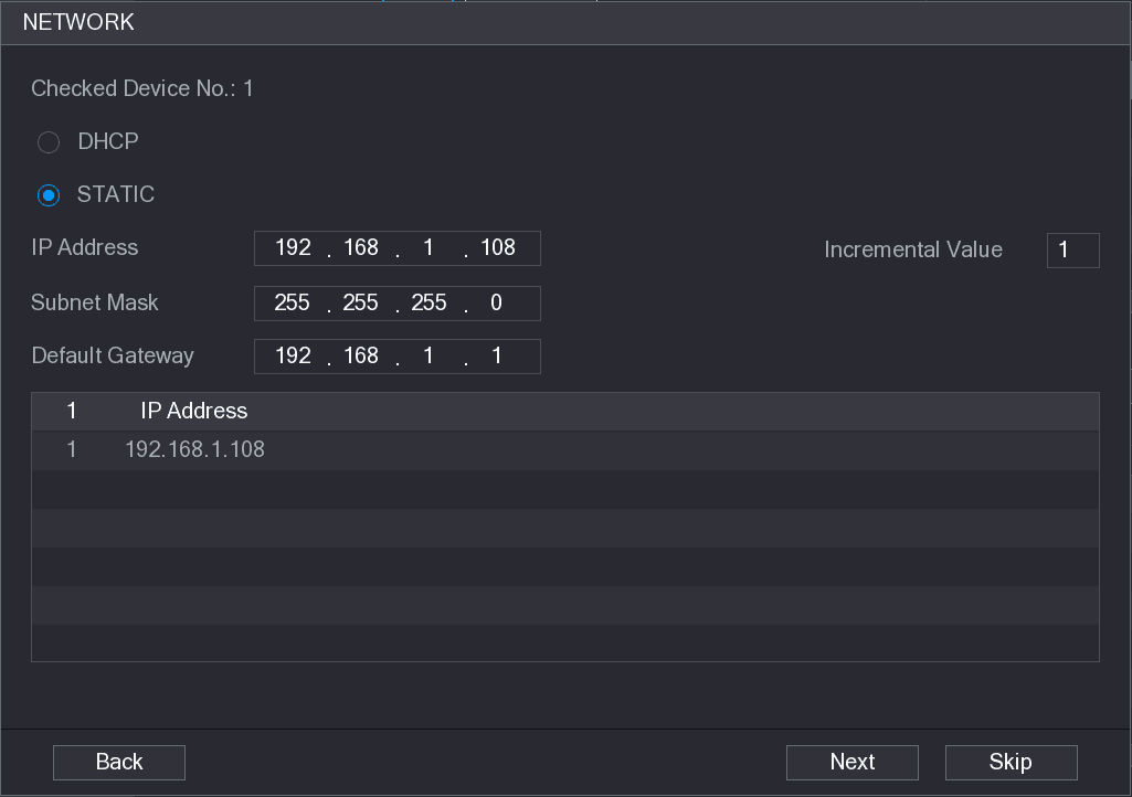 NETWORK dialog with DHCP and STATIC options and IP address fields