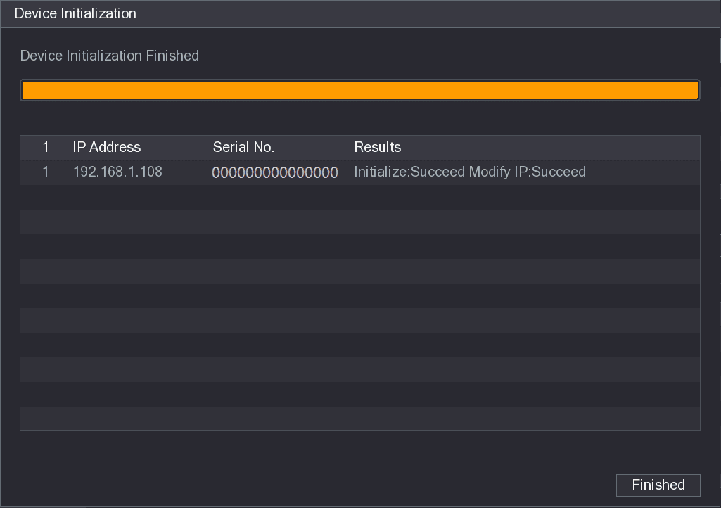 Device Initialization Finished dialog showing the initialization result