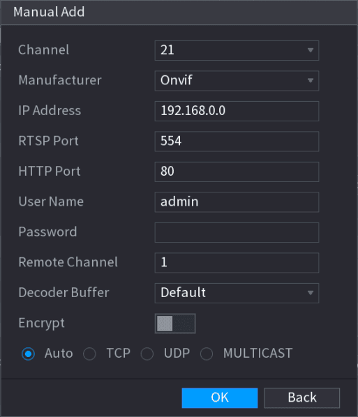 Manual Add dialog with channel, manufacturer, IP address, and port fields