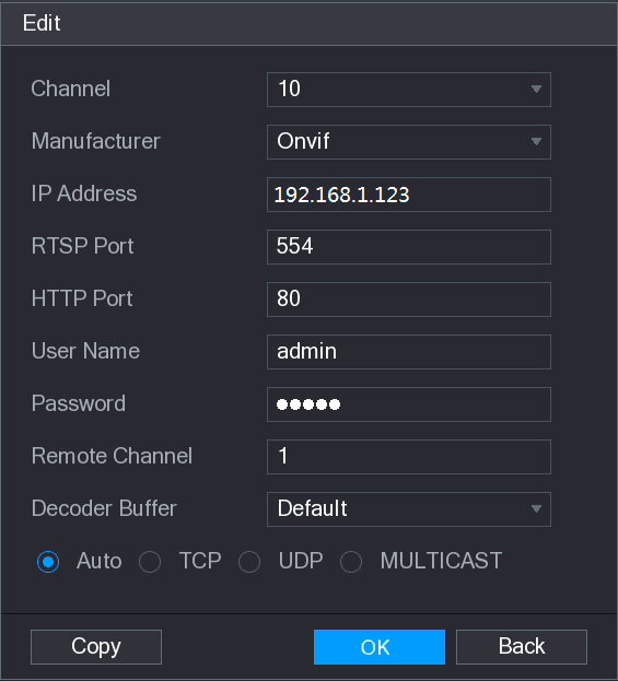 Edit dialog for an added remote device