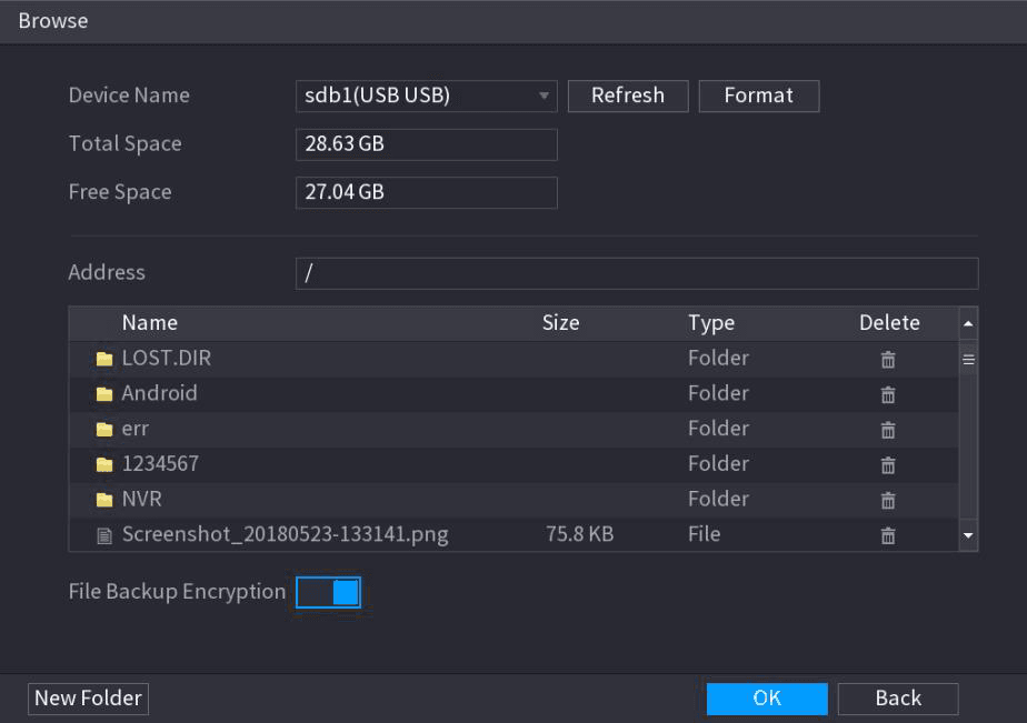 Browse dialog for selecting the export path with File Backup Encryption option