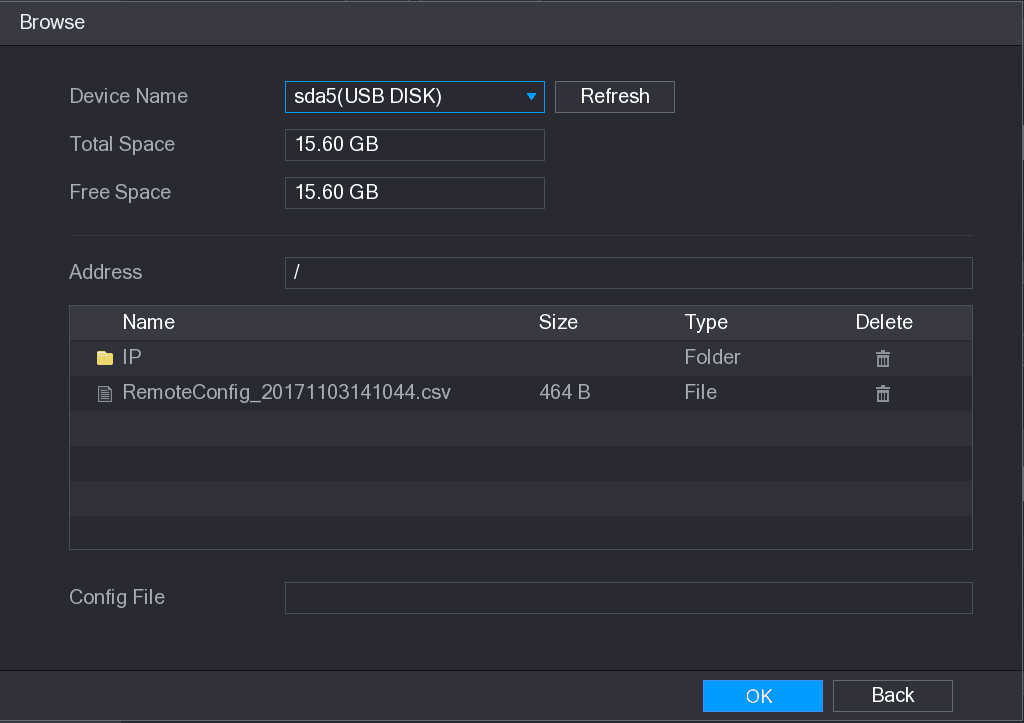 Browse dialog for selecting the configuration file to import