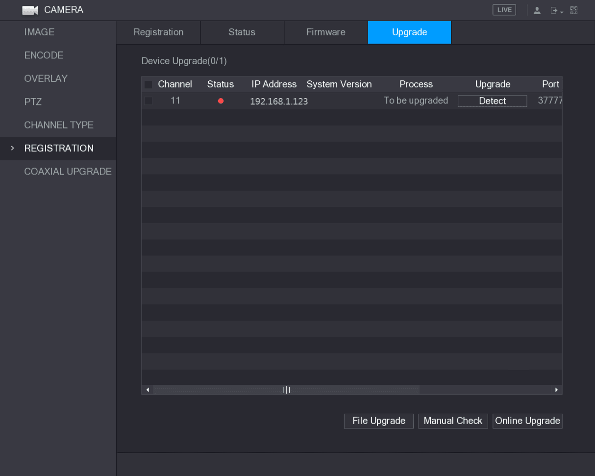 Upgrade interface showing the device upgrade list