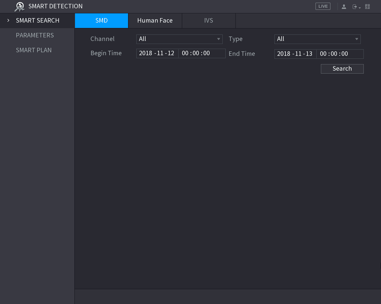 SMD smart search interface with Channel, Type, Begin Time, and End Time filters