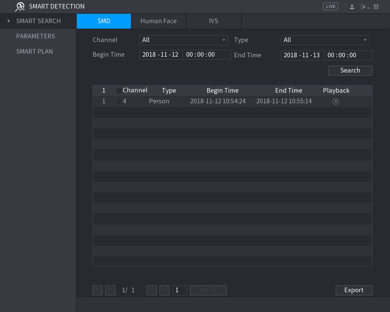 SMD search result list showing a Person event with playback control