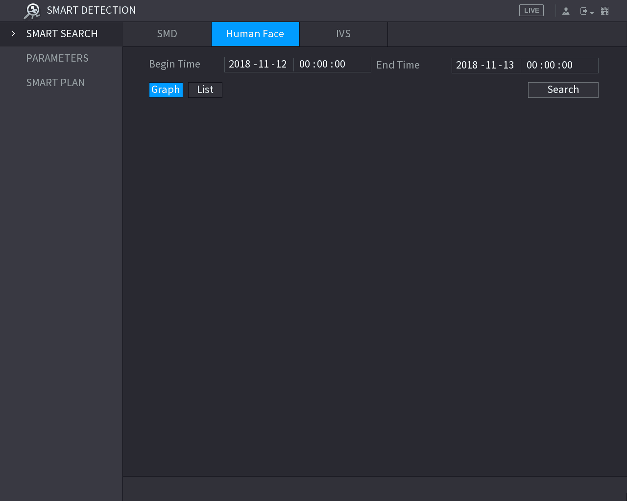 Human Face smart search interface with Begin Time, End Time, Graph and List display options