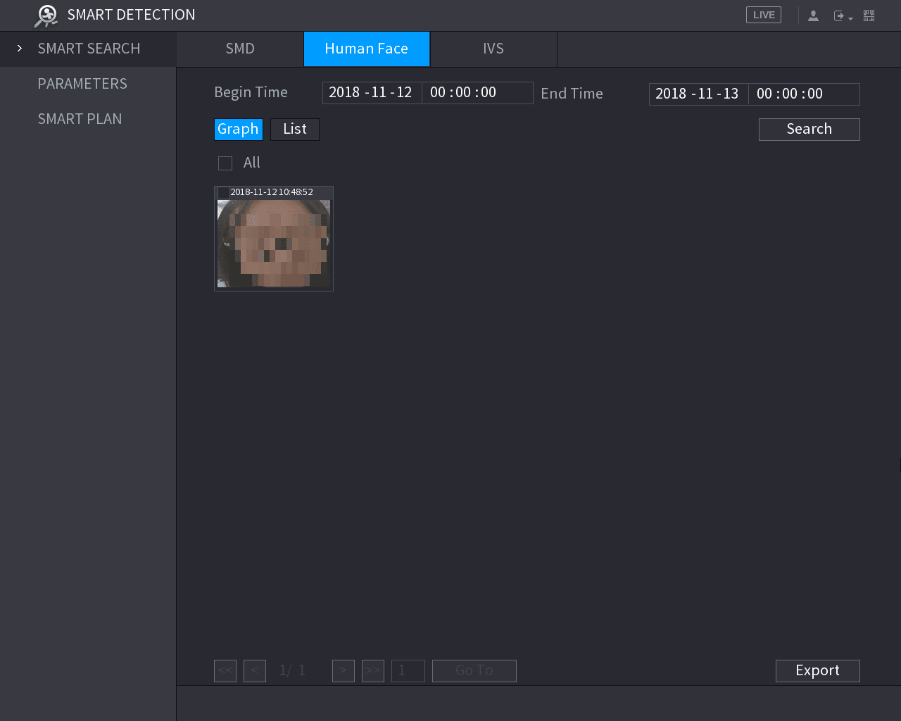 Graph view showing a detected face thumbnail with a timestamp and a blurred face