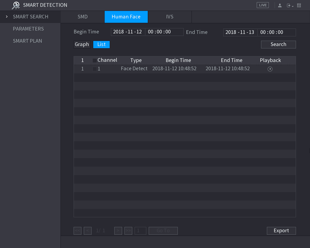 List view showing a detected Face Detect event with channel, type, time, and playback