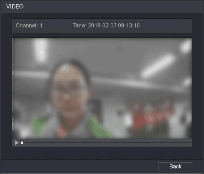 VIDEO playback dialog showing the recorded detected face with a blurred image