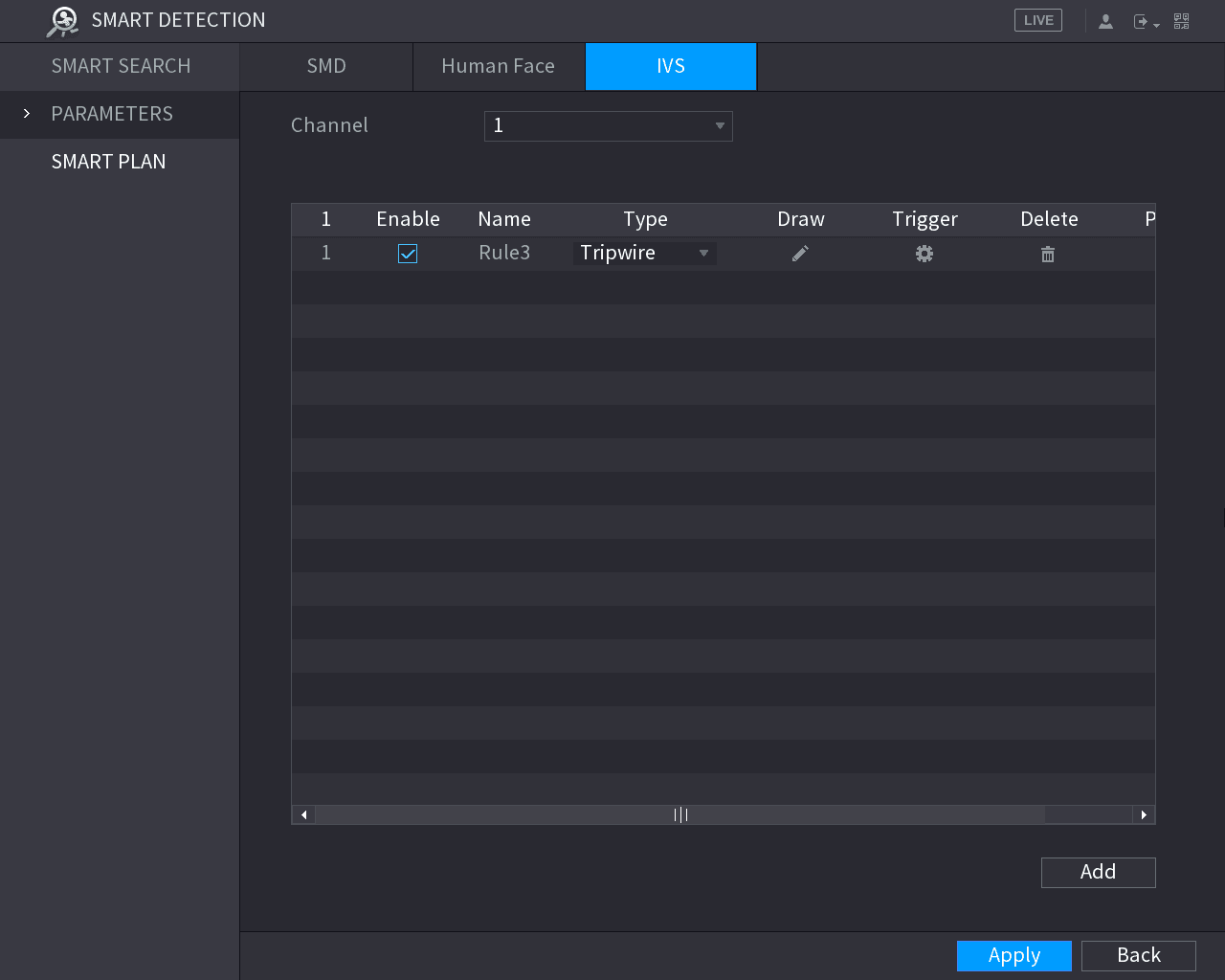 IVS rule table with a rule line set to Tripwire type