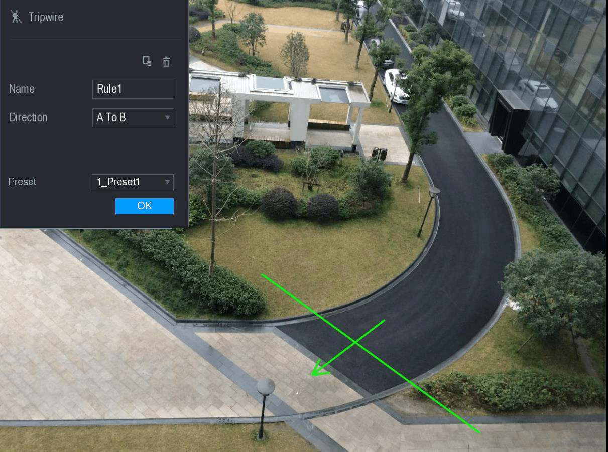 Tripwire drawing screen for IP camera with preset, showing Name, Direction, and Preset fields