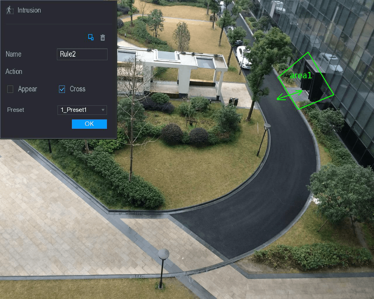 Intrusion drawing screen for IP camera with preset, showing Name, Action, and Preset fields