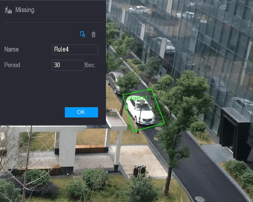Missing object drawing screen for analog camera or IP camera without preset, showing Name and Period fields with a green detection area