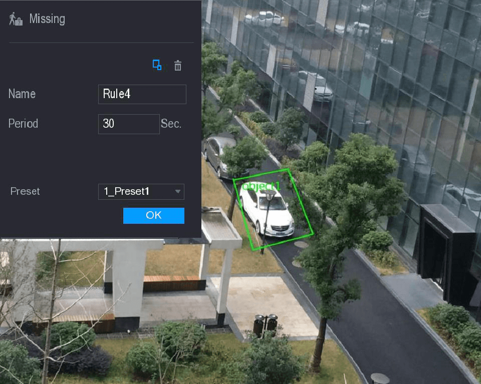 Missing object drawing screen for IP camera with preset, showing Name, Period, and Preset fields