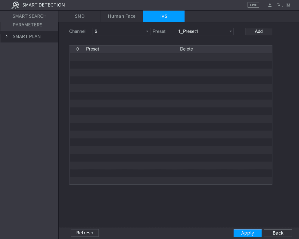SMART PLAN interface for an IP camera with preset, showing Channel, Preset, and Add controls