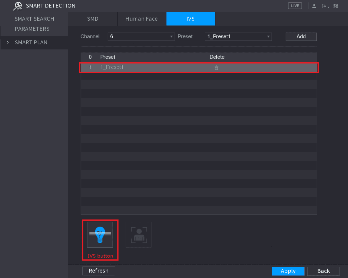 SMART PLAN interface with the selected preset 1_Preset1 listed in the table and the IVS button displayed