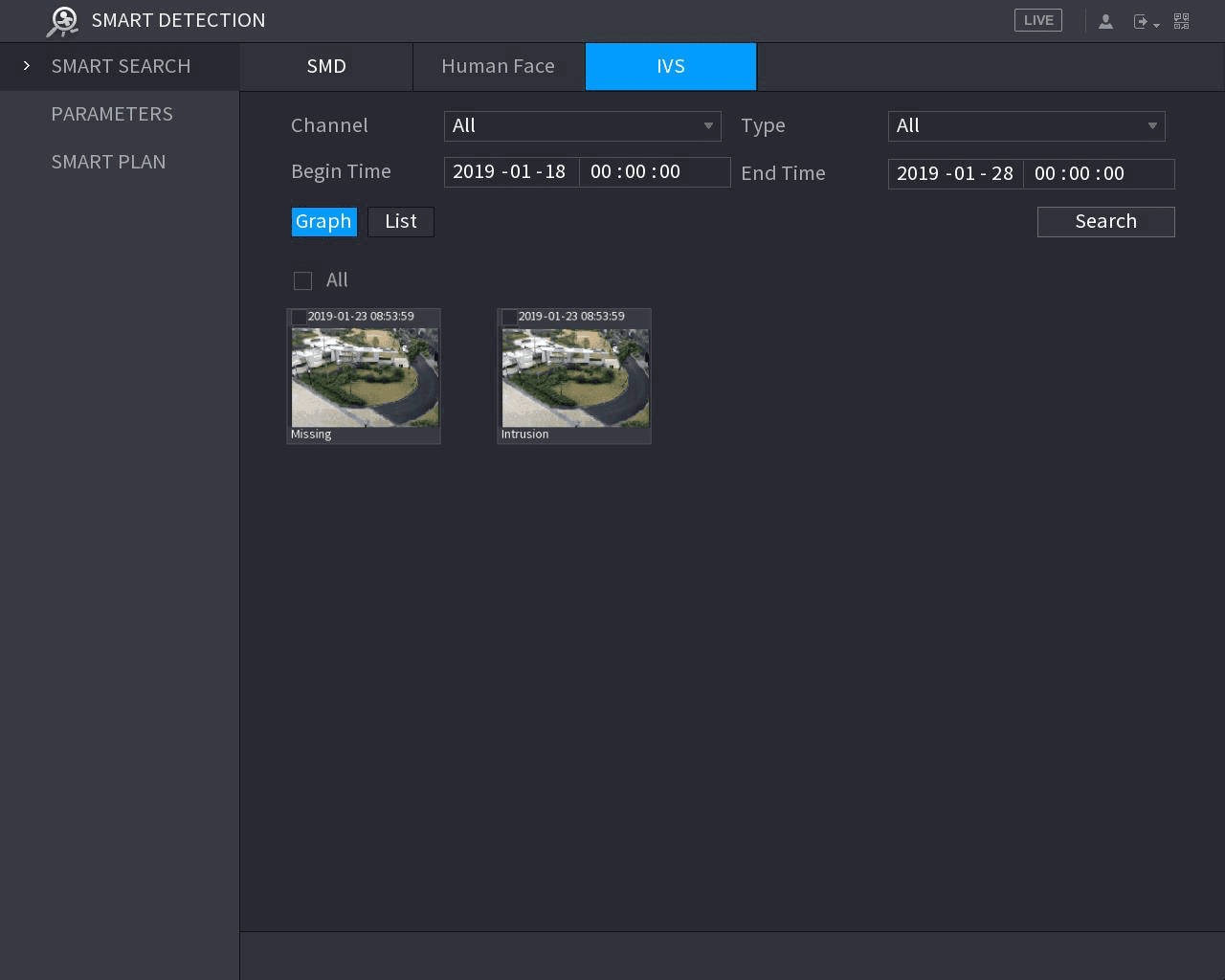 Graph view of IVS search results showing Missing and Intrusion event thumbnails with timestamps