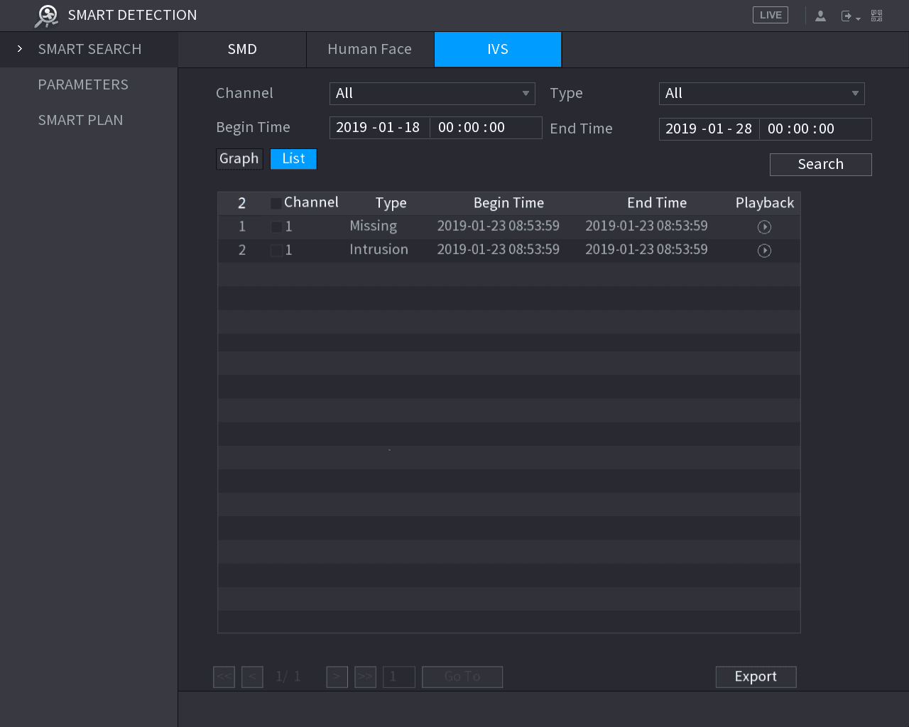 List view of IVS search results showing Missing and Intrusion events with channel, type, time, and playback