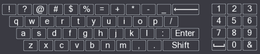On-screen soft keyboard panel with symbol, letter and numeric keys