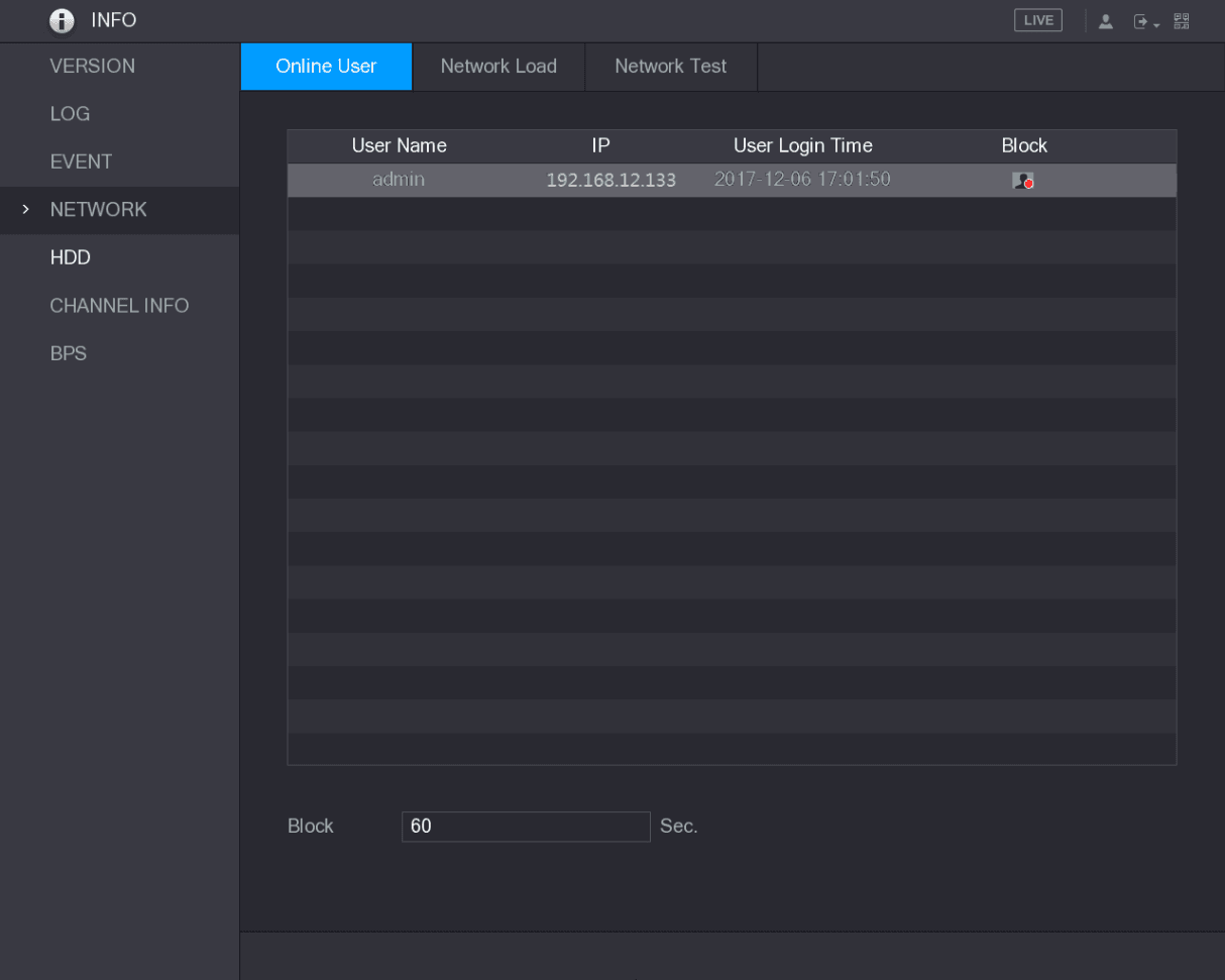INFO NETWORK Online User tab listing user name, IP, user login time, and a block icon, with a Block time field at the bottom