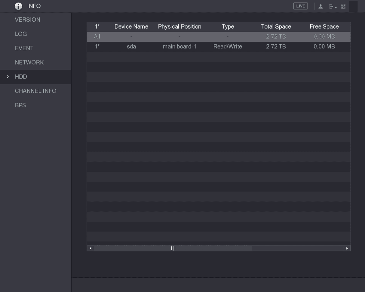 INFO HDD interface listing the connected HDD with device name, physical position, type, total space, and free space