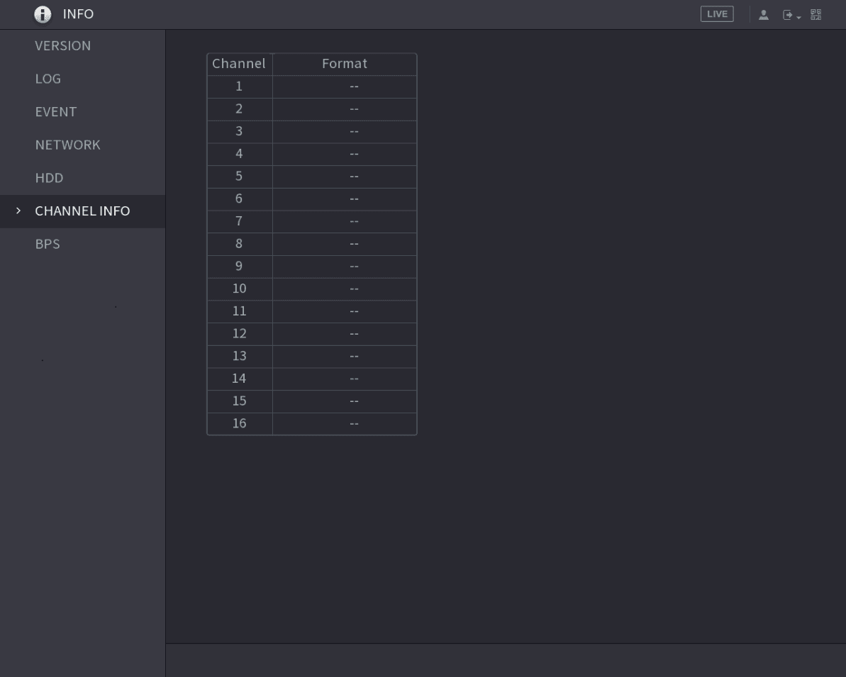 INFO CHANNEL INFO interface listing channels 1 through 16 with their format