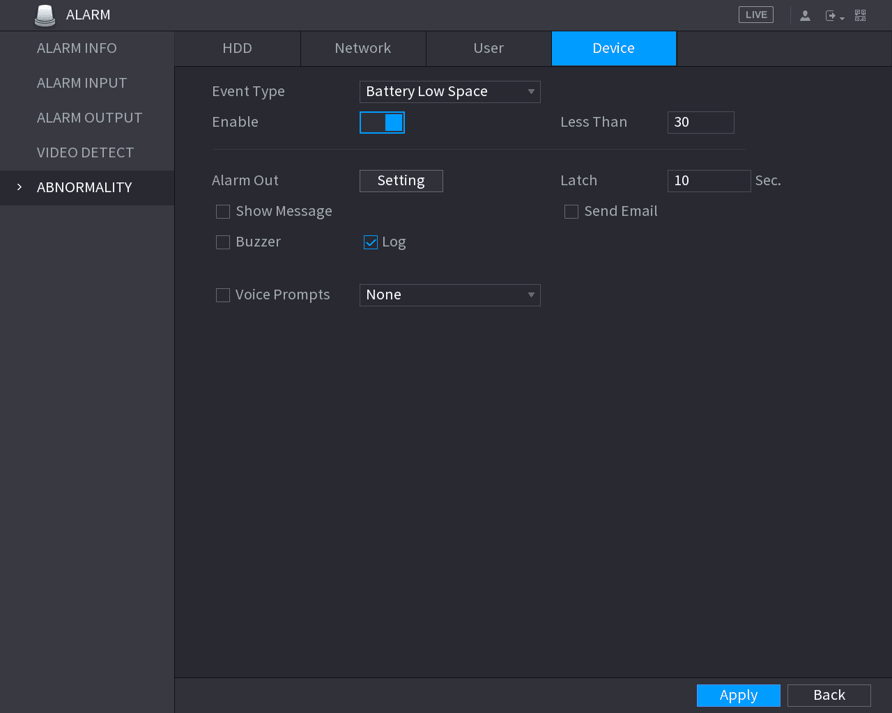 ALARM ABNORMALITY Device tab with Event Type set to Battery Low Space, Enable switch, Less Than value, and alarm output options