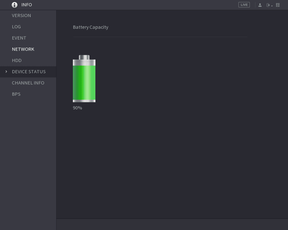 INFO DEVICE STATUS interface showing Battery Capacity with a battery icon and a percentage value